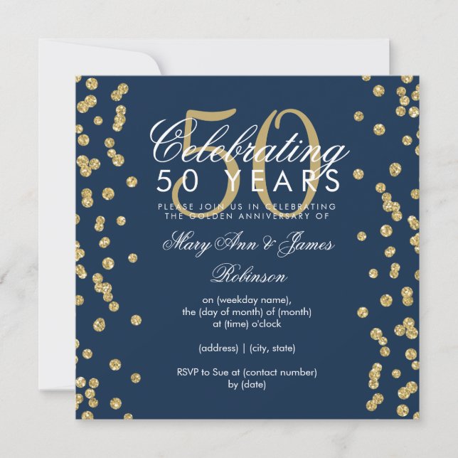 Invitation 50e Anniversaire de Mariage Or Paillettes Bleu Mar (Devant)
