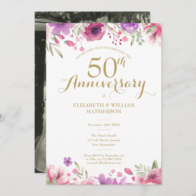 Invitation 50e anniversaire de mariage photo Roses aquarelle (Devant / Derrière)