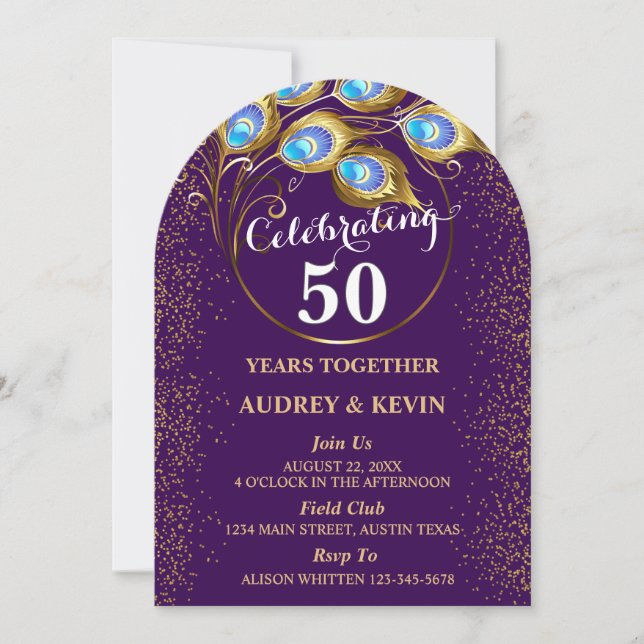 Invitation 50e anniversaire de mariage Plumes de paon (Devant)