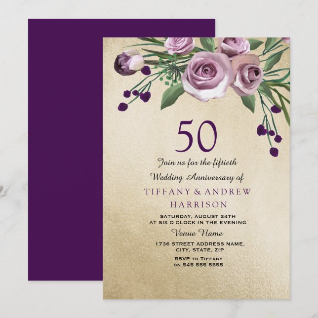 Invitation 50e anniversaire de mariage Rose Doré V (Devant / Derrière)