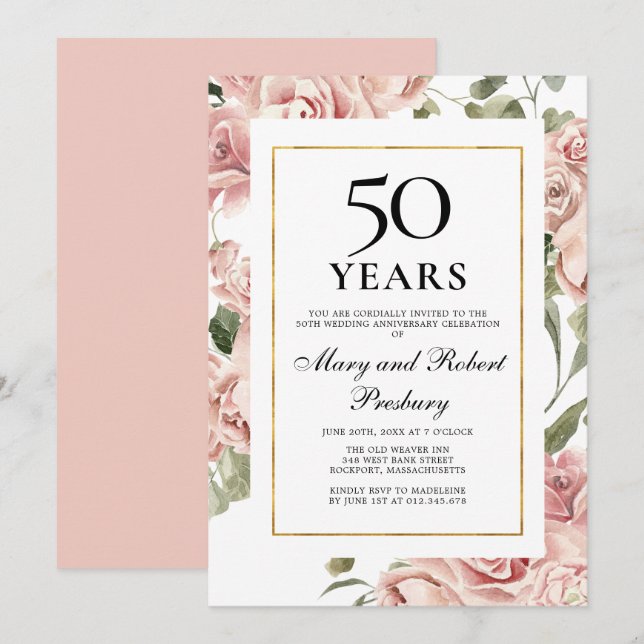 Invitation 50e anniversaire de mariage Rose fleur rose (Devant / Derrière)