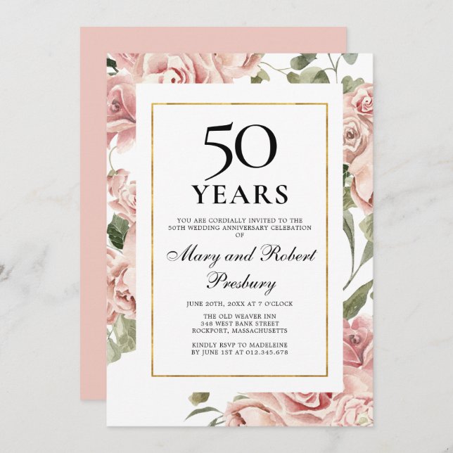 Invitation 50e Anniversaire de Mariage Rose Fleur Rose Floral (Devant / Derrière)