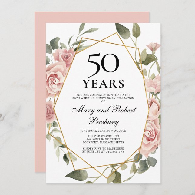 Invitation 50e Anniversaire de Mariage Rose Fleur Rose Floral (Devant / Derrière)