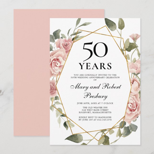 Invitation 50e Anniversaire de Mariage Rose Floral Rose (Devant / Derrière)