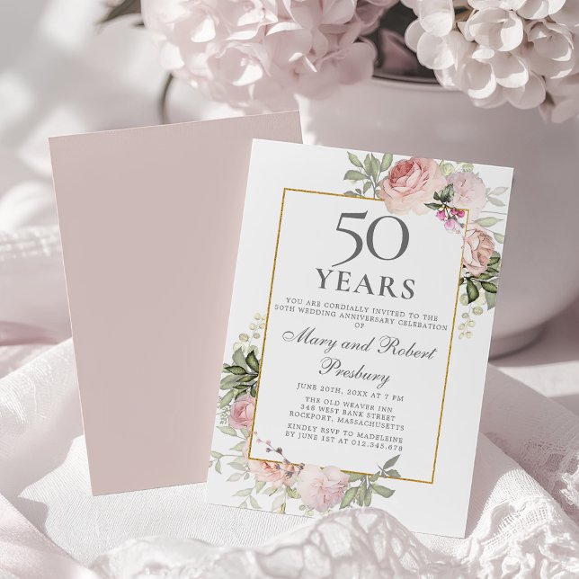 Invitation 50e Anniversaire de Mariage Rose Floral Rose (Créateur téléchargé)