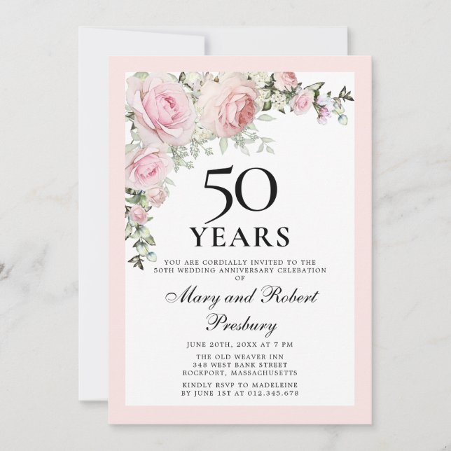 Invitation 50e Anniversaire de Mariage Rose Florale Rose (Devant)