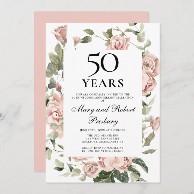 Invitation 50e anniversaire de mariage Rose florale rose (Devant / Derrière)