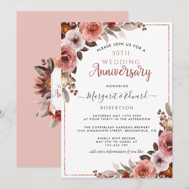 Invitation 50e anniversaire de Mariage Rose Gold Blush Floral (Devant / Derrière)