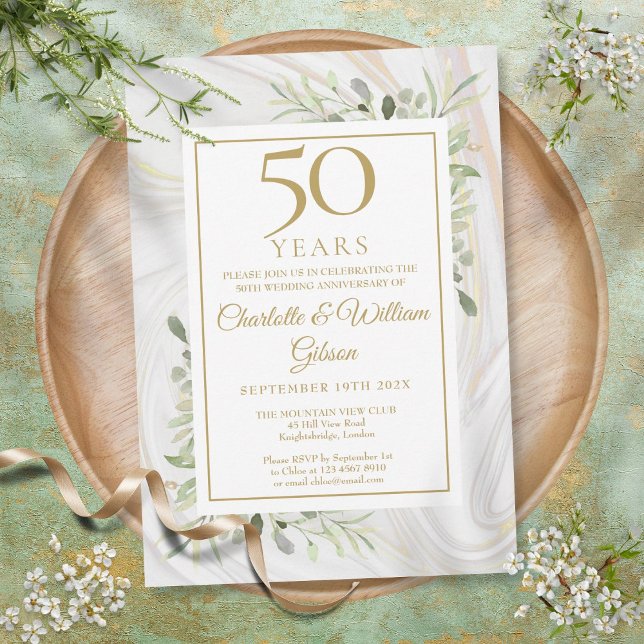 Invitation 50e Anniversaire de Mariage Rose Or Marbre Feuilla (50th Gold Anniversary Rose Gold Marble Greenery Invitation)