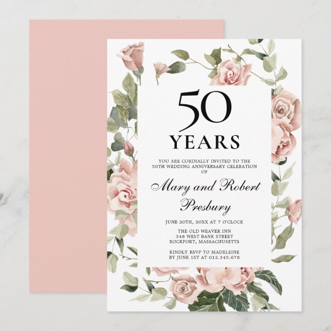 Invitation 50e anniversaire de mariage Rose rose floral (Devant / Derrière)