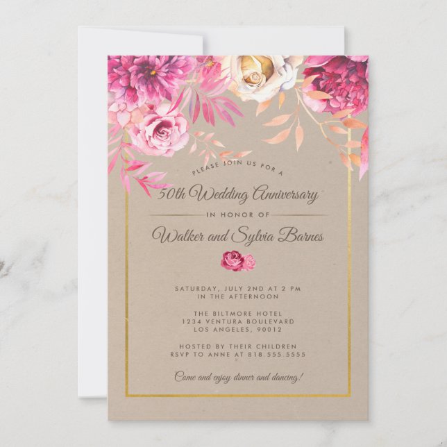 Invitation 50e anniversaire de Mariage rose rustique (Devant)