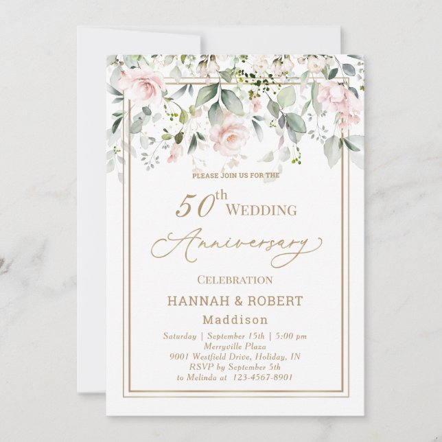 Invitation 50e anniversaire de mariage roses blanc (Devant)
