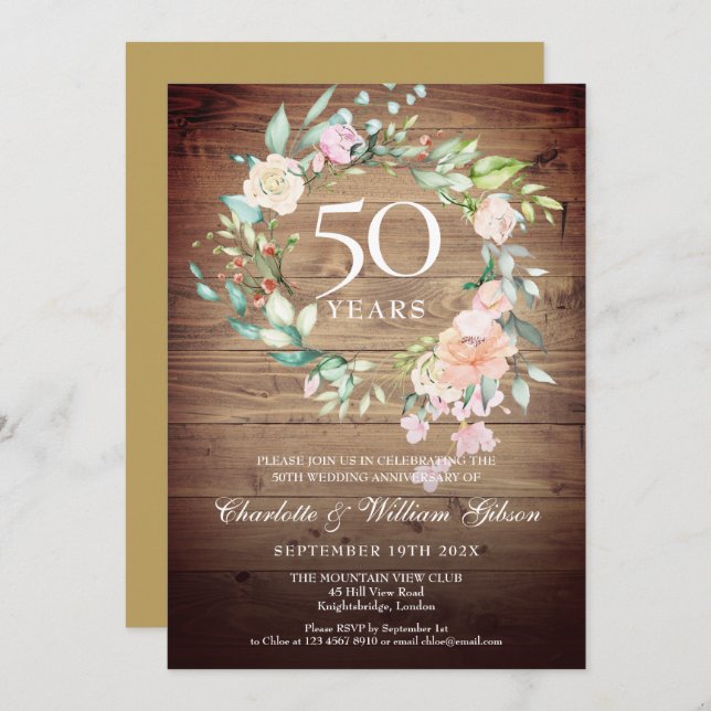Invitation 50e anniversaire de mariage Roses florales rustiqu (Devant / Derrière)