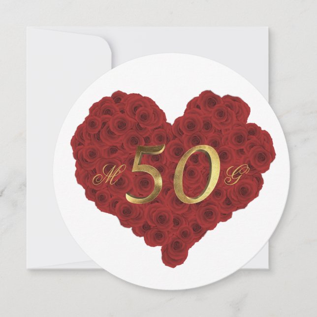 Invitation 50e anniversaire de mariage Roses Rouges Cœur Élég (Devant)