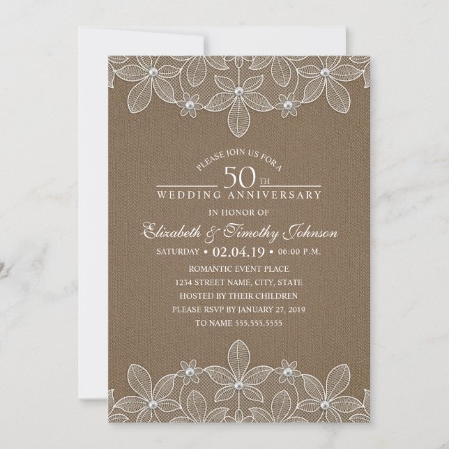 Invitation 50e anniversaire de Mariage Rustic Dark Burlap den (Devant)