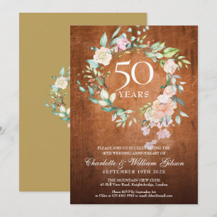 Invitation 50e anniversaire de mariage Rustique Bois Floral