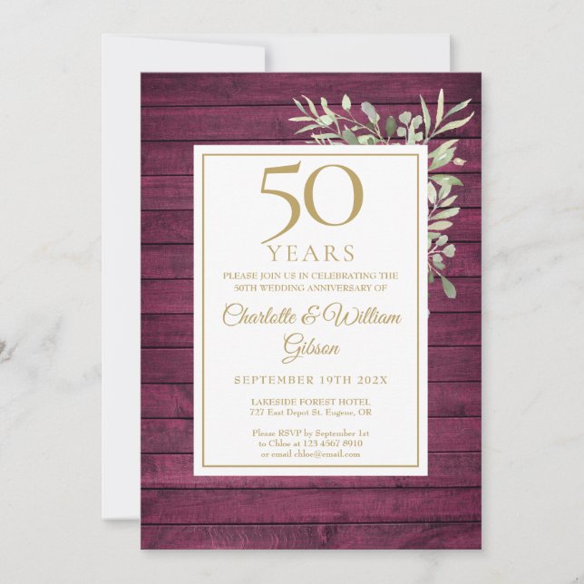 Invitation 50e anniversaire de mariage Rustique Bois Rouge Fl (Devant)