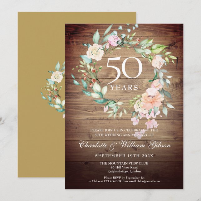 Invitation 50e Anniversaire de Mariage Rustique Roses Floral (Devant / Derrière)