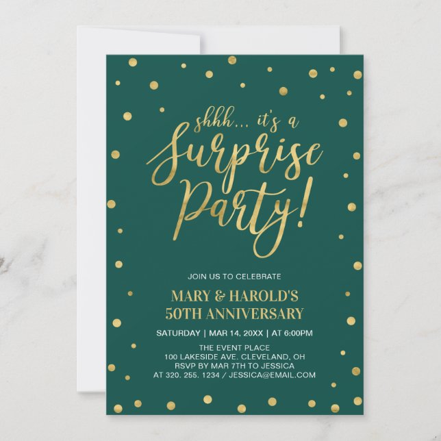 Invitation 50e anniversaire de mariage surprise Vert & Or (Devant)