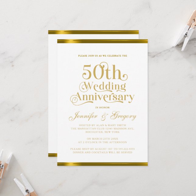 Invitation 50e anniversaire de Mariage Typographie de l'or bl (Devant/Arrière en situation)