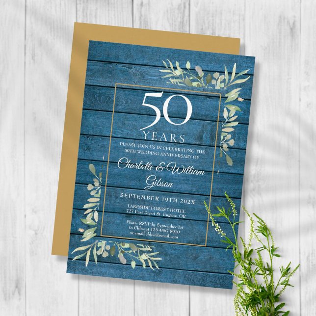Invitation 50e anniversaire de mariage Verdure Bleu Bois rust (Créateur téléchargé)
