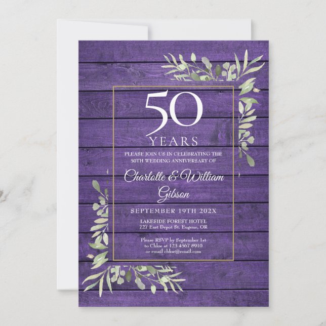 Invitation 50e anniversaire de Mariage verdure Bois pourpre (Devant)