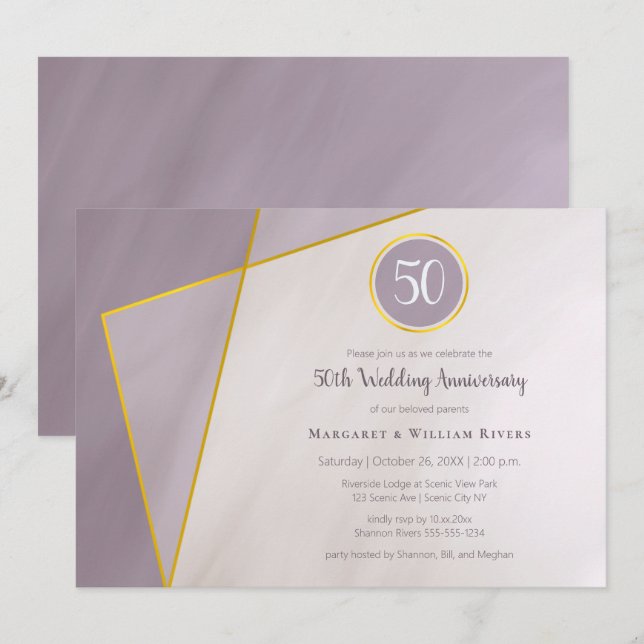Invitation 50e anniversaire de naissance cadre doré prune att (Devant / Derrière)