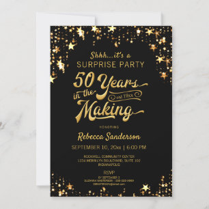 Invitation 50e anniversaire de surprise   Black & Gold Stars