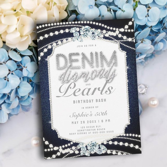 Invitation 50e anniversaire Denim Diamonds Pearls Frame (denim and diamonds pearls 50th birthday invitations women elegant frame classy bling glitz glam chic)