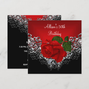 Invitation 50e Anniversaire Dentelle Noir Argent Rose Rouge P