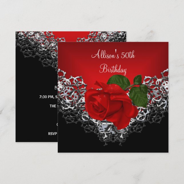 Invitation 50e Anniversaire Dentelle Noir Argent Rose Rouge P (Devant / Derrière)