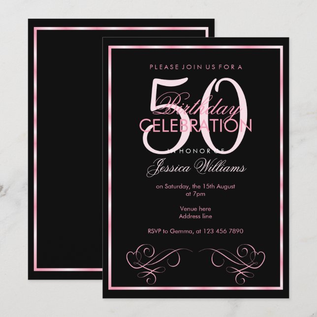 Invitation 50e anniversaire des femmes à cadre rose glamour (Devant / Derrière)