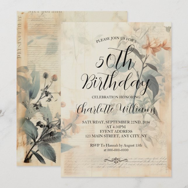 Invitation 50e anniversaire des femmes botaniques vintages (Devant / Derrière)