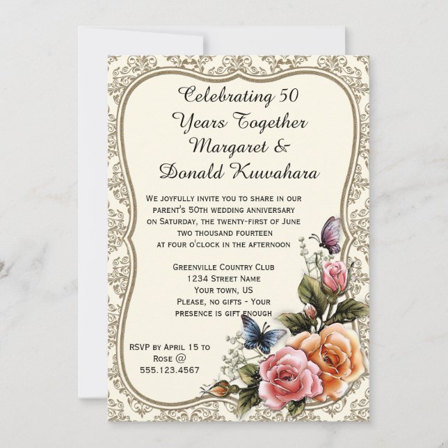 Invitation 50e anniversaire des Roses Gold Damask Gold Frame (Devant)