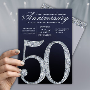 Invitation 50e Anniversaire Diamant Argent Bleu Marine Modern