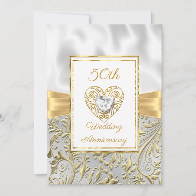 Invitation 50e Anniversaire diamant Heart Gold Bow Floral (Devant)
