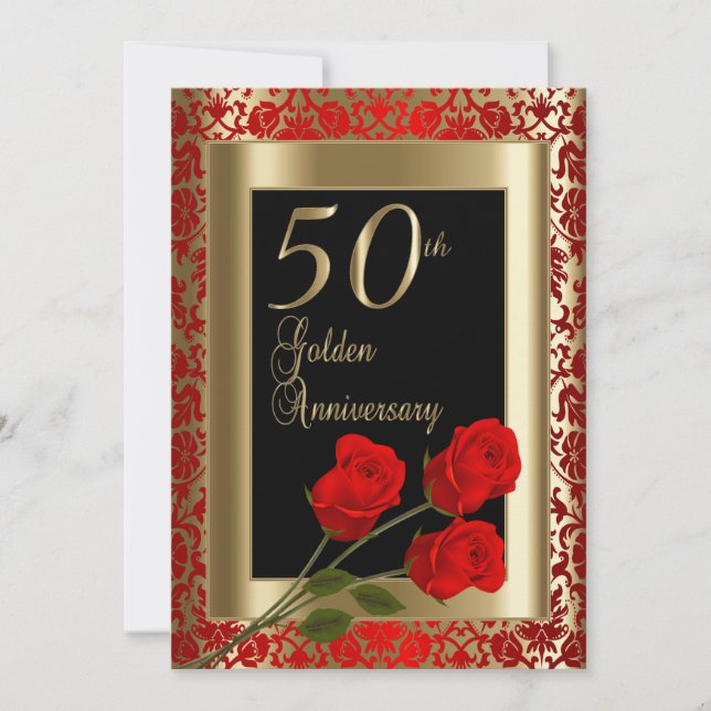Invitation 50e Anniversaire d'or aux roses rouges (Devant)