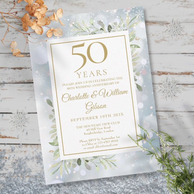 Invitation 50e Anniversaire d'or Snowflakes Feuille de verdur (50th Gold Anniversary Snowflakes Greenery Leaves Invitation)
