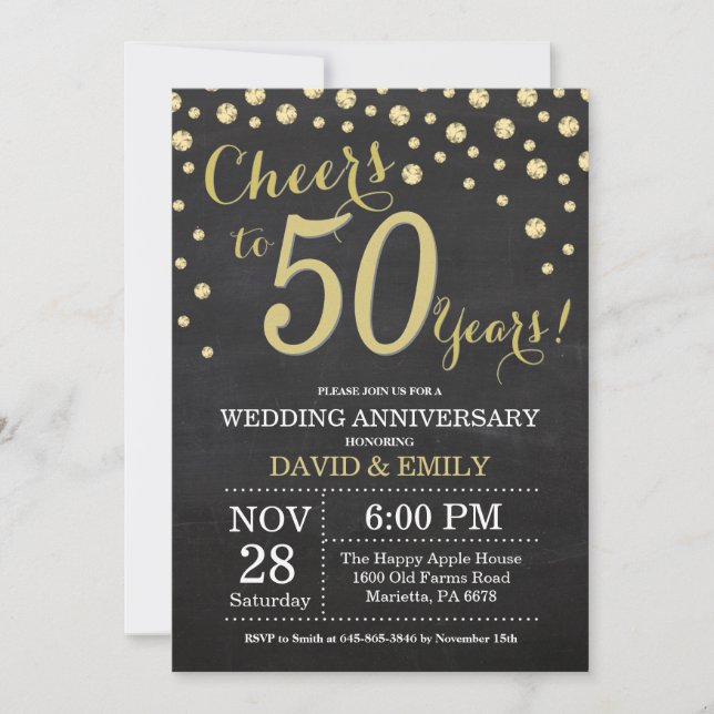 Invitation 50e anniversaire du Mariage Chalkboard noir et or (Devant)
