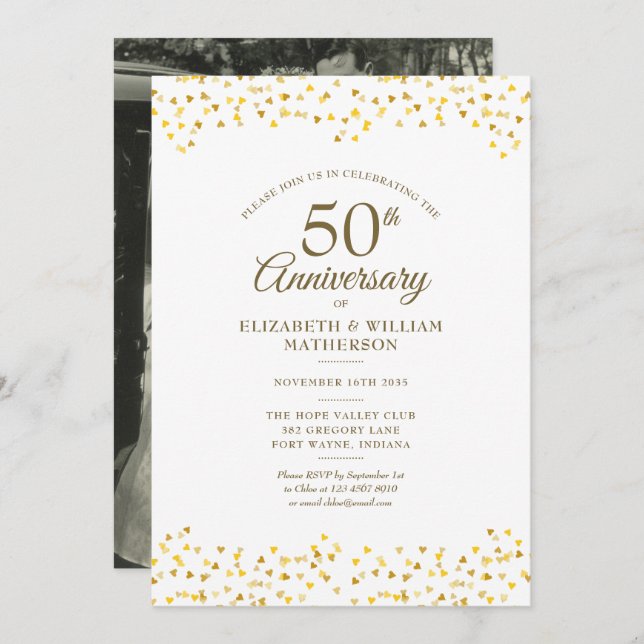 Invitation 50e anniversaire du Mariage Chic Gold Hearts Photo (Devant / Derrière)