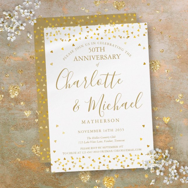 Invitation 50e anniversaire du Mariage Coeurs d'or Signature (50th Wedding Anniversary Golden Hearts Signature Invitation)