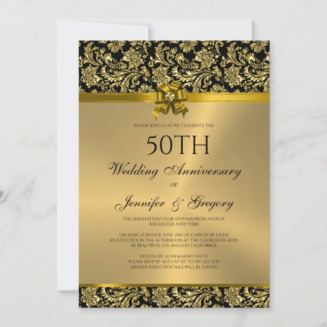 Invitation 50e anniversaire du Mariage Damas noir et or 3 (Devant)