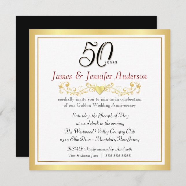 Invitation 50e anniversaire du Mariage de la fête Gold Invita (Devant / Derrière)