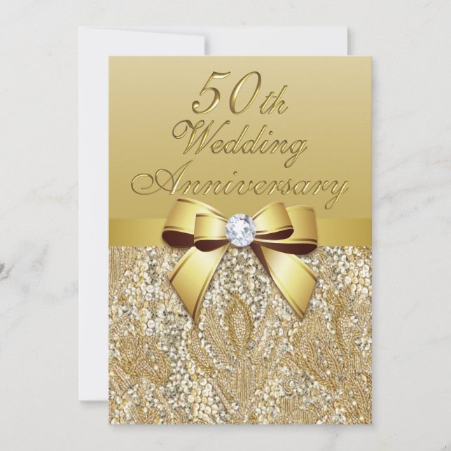 Invitation 50e anniversaire du Mariage d'or Séquins Faux Bow (Devant)