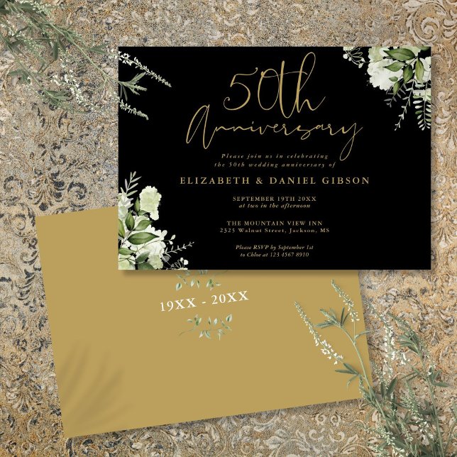 Invitation 50e anniversaire du Mariage Floral noir et or (50th Wedding Anniversary Black And Gold Floral Invitation)