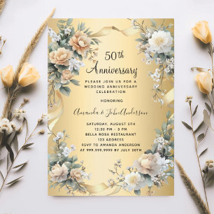 Invitation 50e anniversaire du mariage floraux jaunes d'or