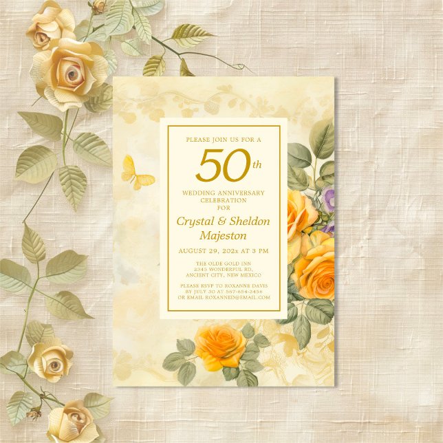 Invitation 50e anniversaire du Mariage Gold et Rose (Gold Yellow Roses 50th Wedding Anniversary Invitation)