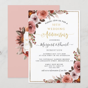 Invitation 50e anniversaire du Mariage, or et florale blush