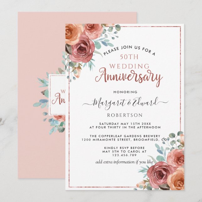 Invitation 50e anniversaire du Mariage, or Rose, Mint Floral (Devant / Derrière)