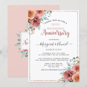 Invitation 50e anniversaire du Mariage, or Rose, Mint Floral